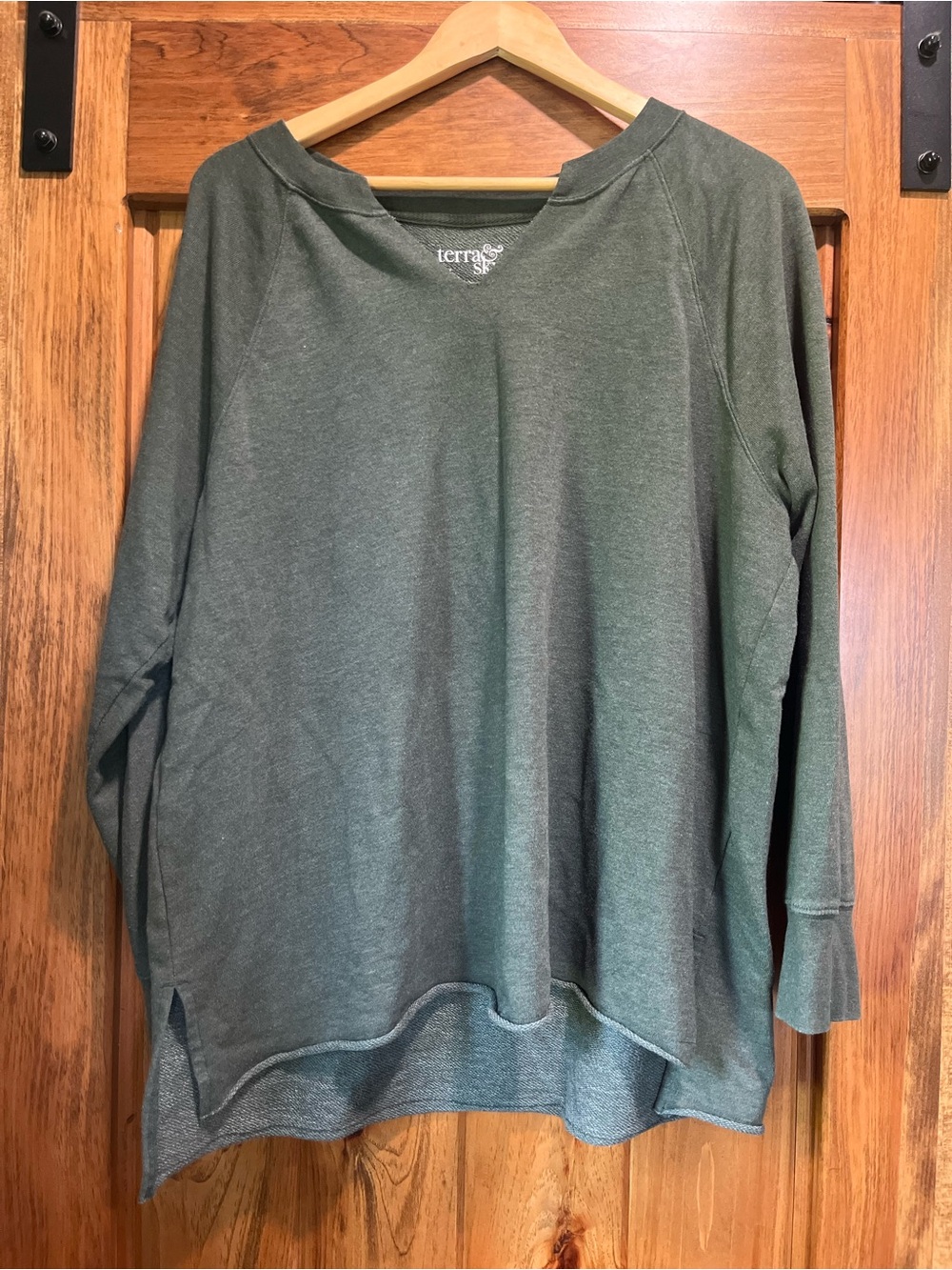 Terra & Sky olive green relaxed crewneck sweatshirt with raw hem